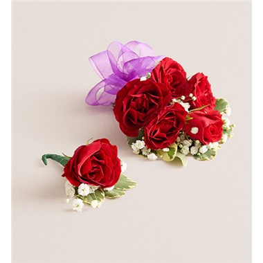 Red Spray Corsage & Bout-Purple Bow